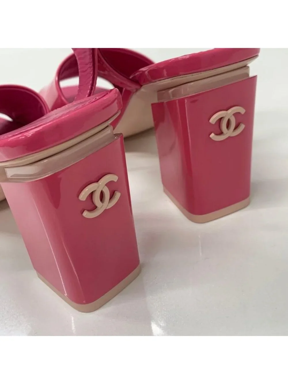 Chanel CC Logo Patent Strap Sandals Pink